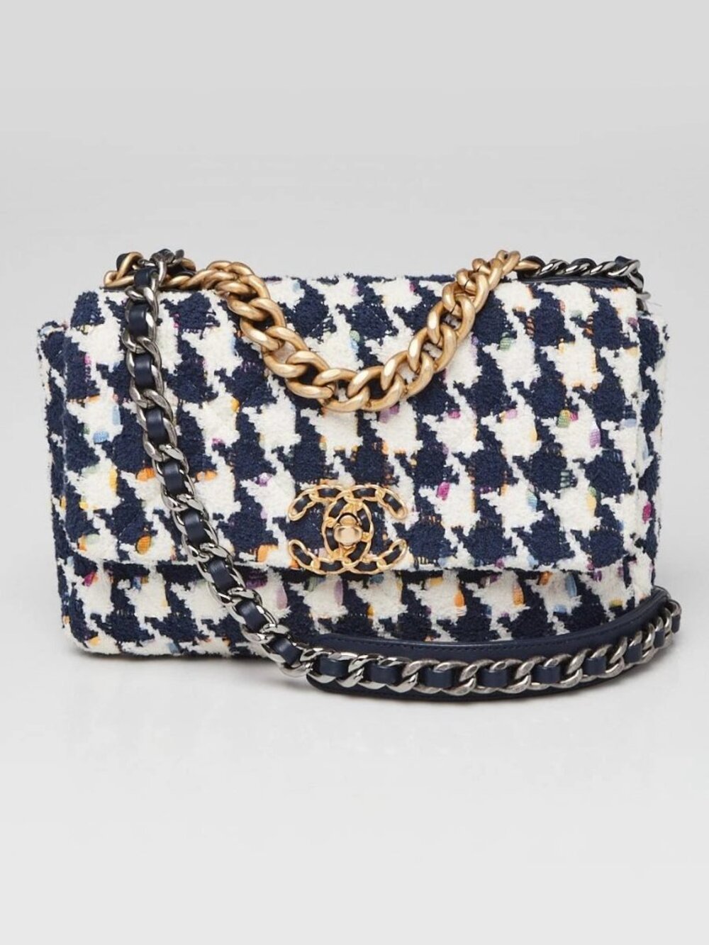 Chanel Blue/White Houndstooth Tweed Chanel 19 Small Flap Bag